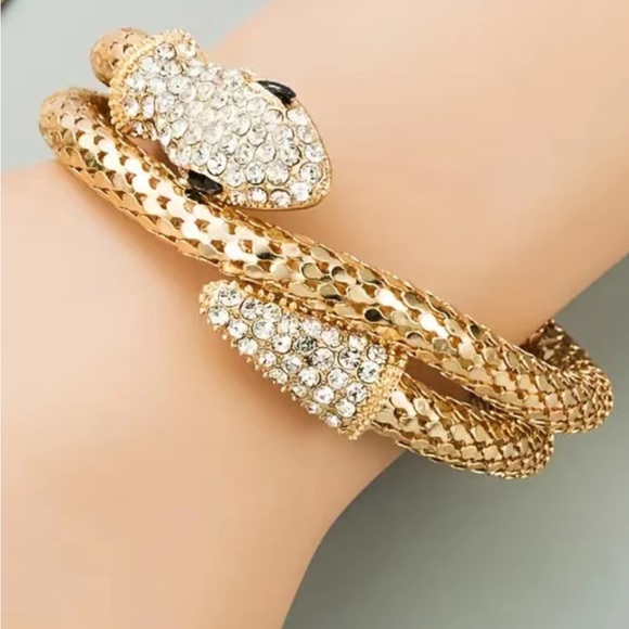 2296-ATT Inlaid Rhinestone Gold Tone Snake Bangle Bracelet - Picture 1 of 12